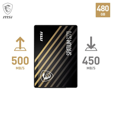 MSI SPATIUM S270 SATA 2.5" 480GB - Disque SSD Interne 480 Go, SATA III 6 GB/s, 2,5", Lecture 500 MB/s & Écriture 450 MB/s, 3D NA
