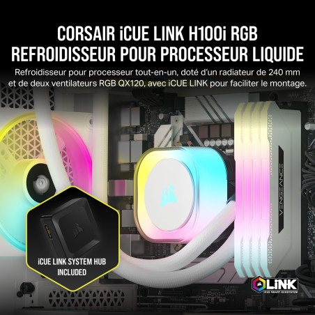 CORSAIR iCUE Link H100i RGB Liquid CPU Cooler - 240mm AIO - Ventilateurs QX120 RGB - Convient à Intel® LGA 1700, AMD® AM5 - Hub 