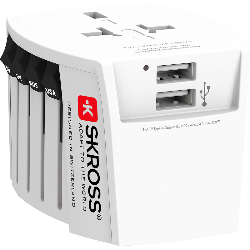 SKROSS - 1.302960 | MUV USB (2xA) | Adaptateur de Voyage Universel à 2 broches - 2 Prises de Charge USB. Tension et Puissance : SKROSS - 1.302960 | MUV USB (2xA) | Adaptateur de Voyage Universel à 2 broches - 2 Prises de Charge USB. Tension et Puissance :