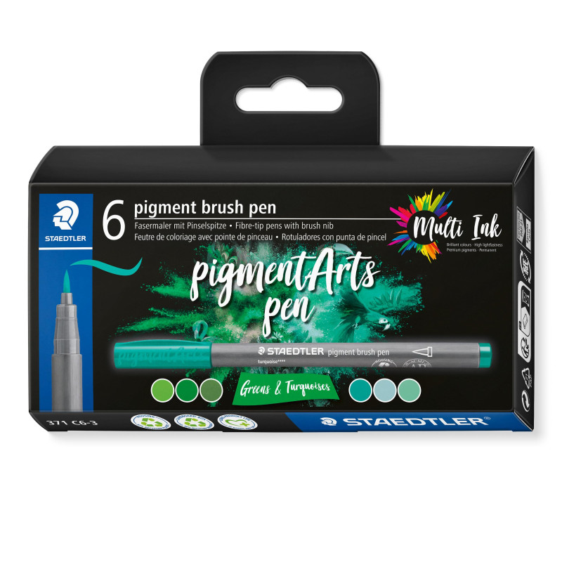 STAEDTLER - Pigment Art - Pigment brush 371 - Etui carton 6 feutres pointe pinceau verts & turquoises assortis - 371 C6-3 STAEDTLER - Pigment Art - Pigment brush 371 - Etui carton 6 feutres pointe pinceau verts & turquoises assortis - 371 C6-3