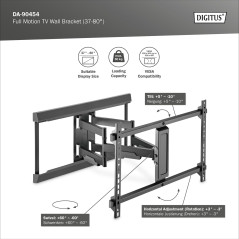 DIGITUS Support TV Mural Full-Motion - pour téléviseurs ou moniteurs 37-80" - Charge Max. 60 kg - VESA 200x100 à 600x400 - Exten