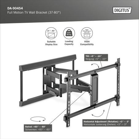DIGITUS Support TV Mural Full-Motion - pour téléviseurs ou moniteurs 37-80" - Charge Max. 60 kg - VESA 200x100 à 600x400 - Exten