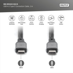DIGITUS Câble USB-C – USB 4.0 – 1 m – 40 Gbps – Vidéo 8K 60 Hz, 4K 60 Hz – 240 W Power Delivery 3.1 – compatible avec Thunderbol