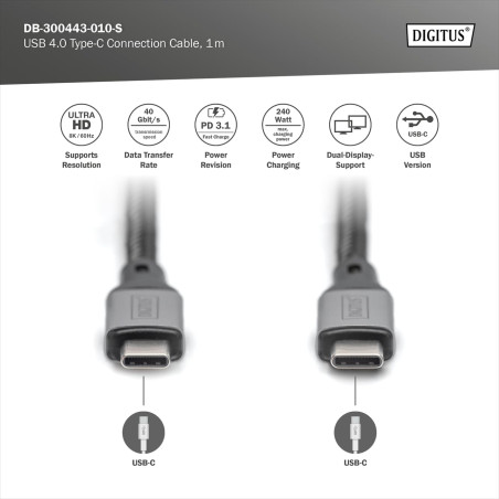 DIGITUS Câble USB-C – USB 4.0 – 1 m – 40 Gbps – Vidéo 8K 60 Hz, 4K 60 Hz – 240 W Power Delivery 3.1 – compatible avec Thunderbol