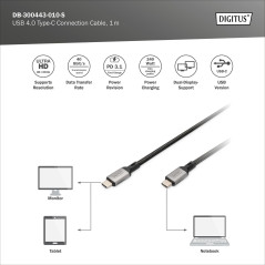 DIGITUS Câble USB-C – USB 4.0 – 1 m – 40 Gbps – Vidéo 8K 60 Hz, 4K 60 Hz – 240 W Power Delivery 3.1 – compatible avec Thunderbol