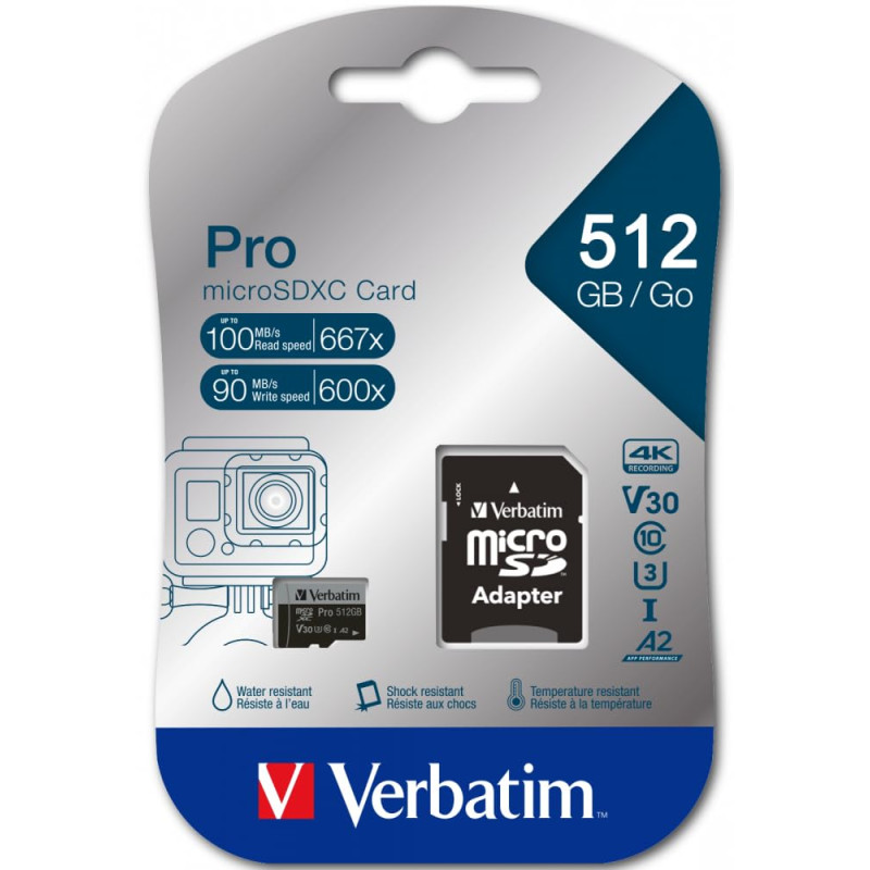 Verbatim Pro U3 Carte mémoire microSDXC 512 Go Classe 10 UHS-I (U3) Noir