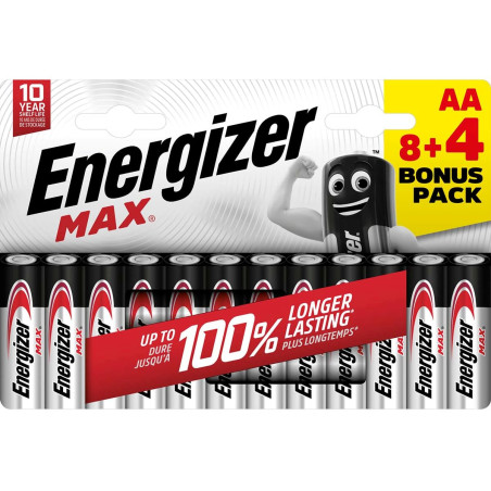 Energizer Max Lot de 8 + 4 Piles AA, Longue durée pour Un Usage Quotidien, sans sulfatation, avec 10 Ans de durée de Vie