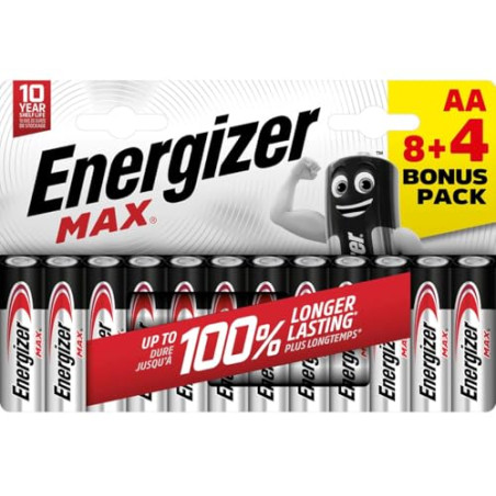 Energizer Max Lot de 8 + 4 Piles AA, Longue durée pour Un Usage Quotidien, sans sulfatation, avec 10 Ans de durée de Vie