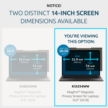 Kensington filtre de confidentialité magnétique MagPro pour écran 14'' (16:10), anti-reflets, anti lumière bleue, compatible ave
