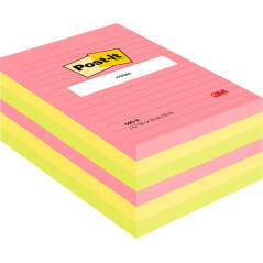 Post-it Notes Autocollantes, Grand Format, Couleurs Néon Assorties, Lignées, 101 mm x 152 mm, 100 Feuilles, 6 Blocs - Feuillets