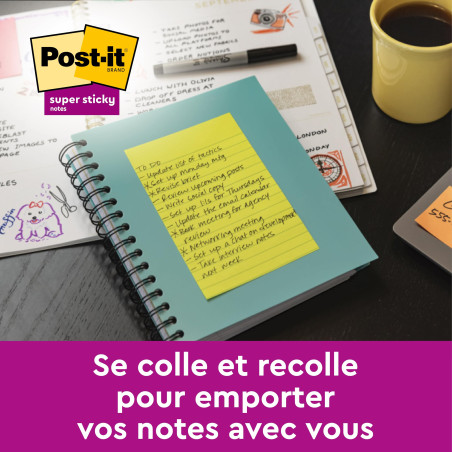 Post-it Notes Autocollantes, Grand Format, Couleurs Néon Assorties, Lignées, 101 mm x 152 mm, 100 Feuilles, 6 Blocs - Feuillets