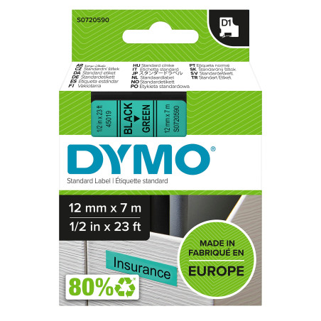 DYMO D1 étiquettes autocollantes authentiques | rouleau de 12 mm x 7 m | impression en vert sur fond noir | pour étiqueteuses La