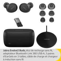 Jabra Evolve2 - Écouteurs Bluetooth intra-auriculaires sans fil True Wireless avec ANC, MultiSensor Voice et chargeur à inductio