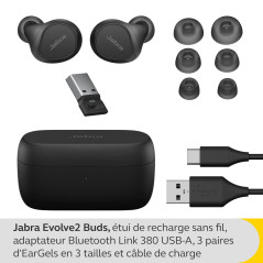 Jabra Evolve2 - Écouteurs Bluetooth sans fil True Wireless avec réduction de bruit active et MultiSensor Voice - Certifiés pour