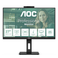 AOC Q27P3QW Moniteur QHD 27 ", Webcam 2 MP, Hauteur réglable, Haut-Parleur (2560 x 1440, 75 Hz, HDMI, DisplayPort, hub USB) Noir