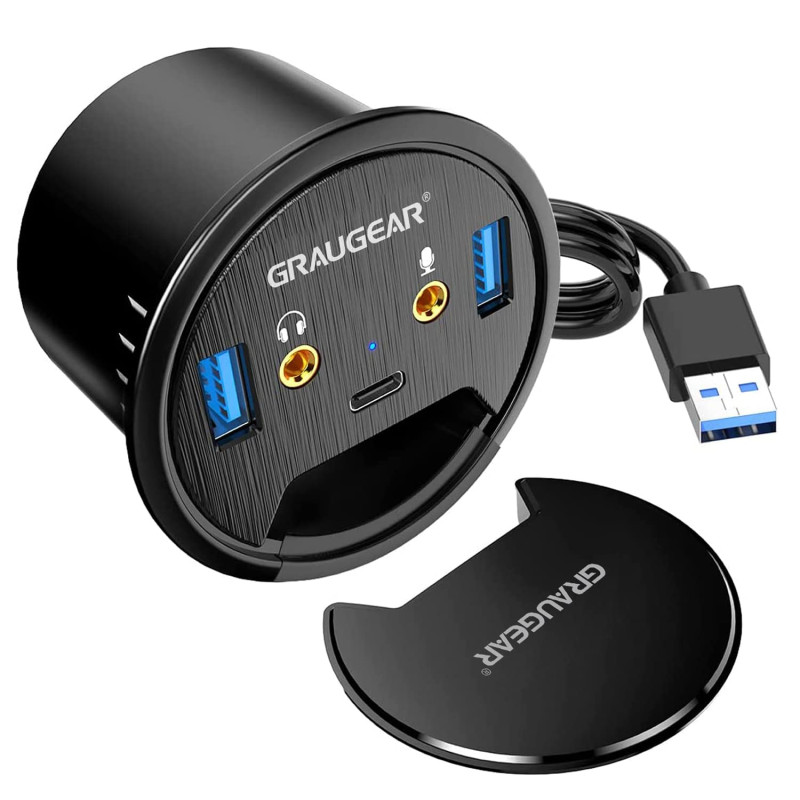 Hub de Table USB 3.0 | 3 Ports | 1 Port USB-C | 2 Ports USB-A | Audio I/O | Montage dans Un Trou de Bureau de 60 mm | Longueur d Hub de Table USB 3.0 | 3 Ports | 1 Port USB-C | 2 Ports USB-A | Audio I/O | Montage dans Un Trou de Bureau de 60 mm | Longueur d
