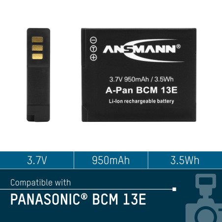 ANSMANN Batterie de Rechange A-Pan DMW BCM13E (1 PCE) – Batterie Appareil Photo 3,7V 950 mAh – Batterie Li-Po pour Panasonic Lum