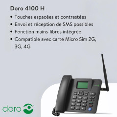 Doro 4100H téléphone Mobile 4G (Simphone LTE+3G+2G) - Mains Libres, Touche d'assistance, 3 mémoires directes, Radio FM, Carte Mi