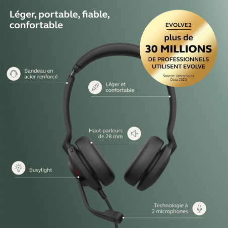 Jabra Evolve2 30 SE Micro-casque filaire stéréo à réduction de bruit avec technologie d’appel à 2 microphones et câble USB-A - F