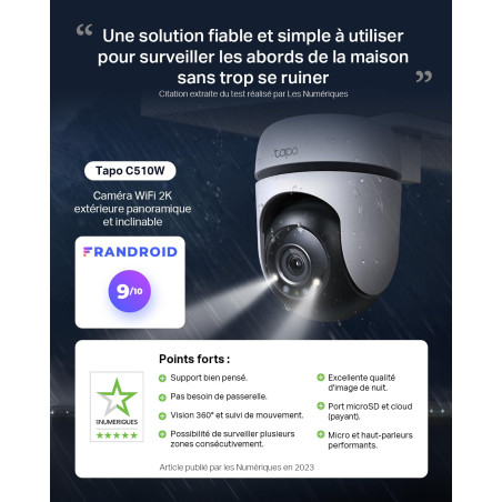 Tapo C510W 2K Caméra de Surveillance WiFi extérieur 360°, Vision Nocturne Couleur, Détection de Personne et Suivi de Mouvement,