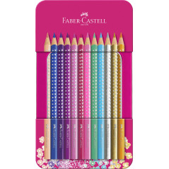 FABER-CASTELL 201737 - Coffret de crayons de couleur Sparkle 12 pièces, dans un étui métallique, triangulaires, incassables