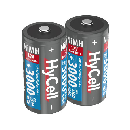 HyCell Piles Rechargeables NiMH Baby C 3000 mAh 1,2V (2 pces) – Piles HR14 pour Lampes Torches, Jouets électroniques, Station mé