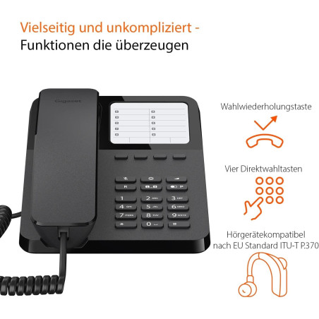 Gigaset Desk 400 Téléphone Filaire avec câble élastique, Espace pour 10 entrées de numérotation abrégée, Rappel, Compatible avec