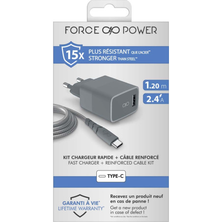 Chargeur maison 3A IC Smart Garanti à vie + Câble USB A/USB C Gris - 100% Plastique recyclé Force Power