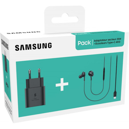 SAMSUNG Pack kit piéton Type C AKG + tête de Charge Rapide, Noir, Écouteurs Intra Auriculaires filaires 3.5mm avec Embouts Taill