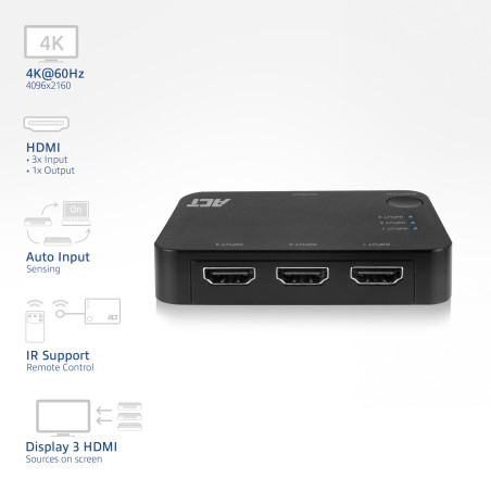 ACT Commutateur HDMI 4K 1080P, 3 en 1 Sortie, télécommande Infrarouge sans Fil, Interrupteur Automatique, Compatible avec TV, PS