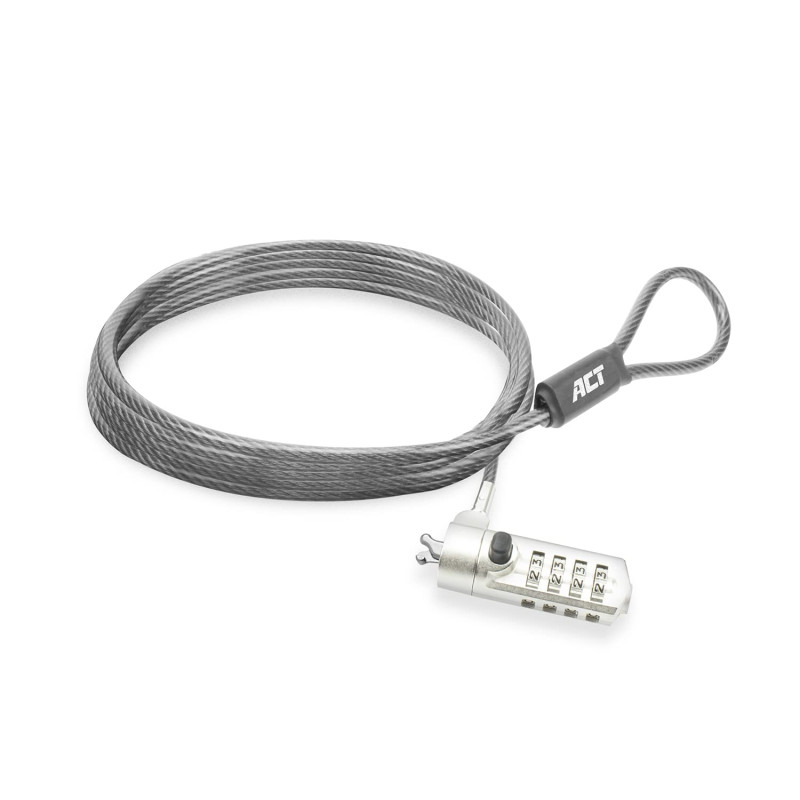 ACT Câble de sécurité pour Ordinateur Portable, 2 m, Protection par Mot de Passe, Serrure à Combinaison à 4 Chiffres, Verrouilla