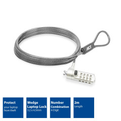 ACT Câble de sécurité pour Ordinateur Portable, 2 m, Protection par Mot de Passe, Serrure à Combinaison à 4 Chiffres, Verrouilla