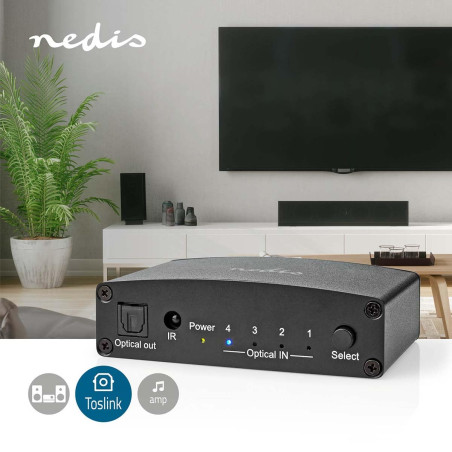 Nedis Commutateur Audio numérique | 4 Voies | Connecteurs - Entrée : DC Power / 4X TosLink | Connecteurs - Sortie TosLink Femell