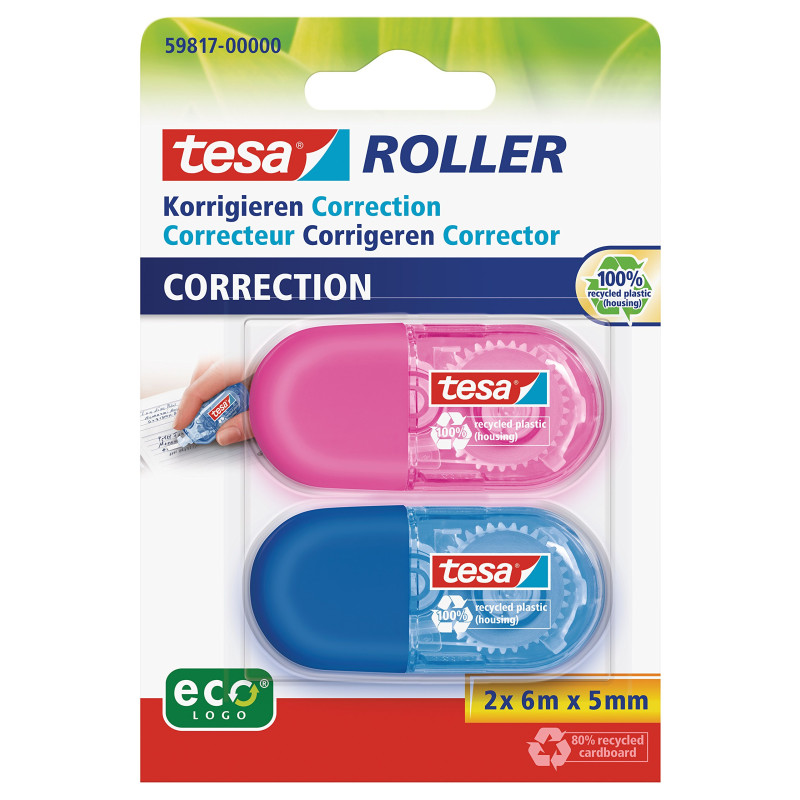 tesa Mini Roller de Correction EcoLogo - Pack de 2 Mini Rollers de Correction avec Design Ergonomique Multicolore - Dimension du tesa Mini Roller de Correction EcoLogo - Pack de 2 Mini Rollers de Correction avec Design Ergonomique Multicolore - Dimension du