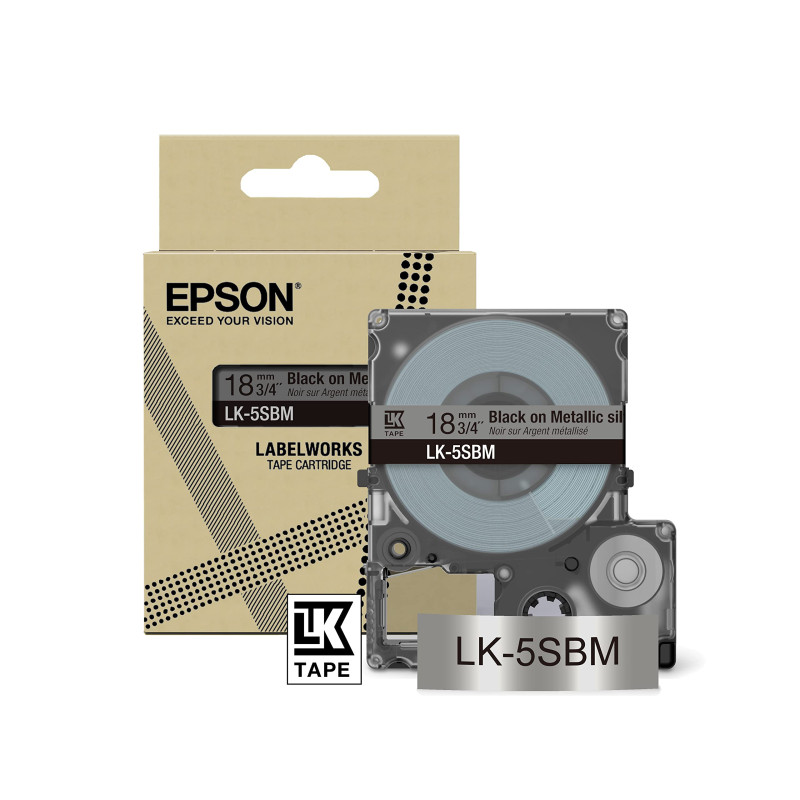 Epson LabelWorks LK-5SBM Ruban compatible avec LW-C410 et LW-C624 Argenté métallisé/noir 18 mm Epson LabelWorks LK-5SBM Ruban compatible avec LW-C410 et LW-C624 Argenté métallisé/noir 18 mm