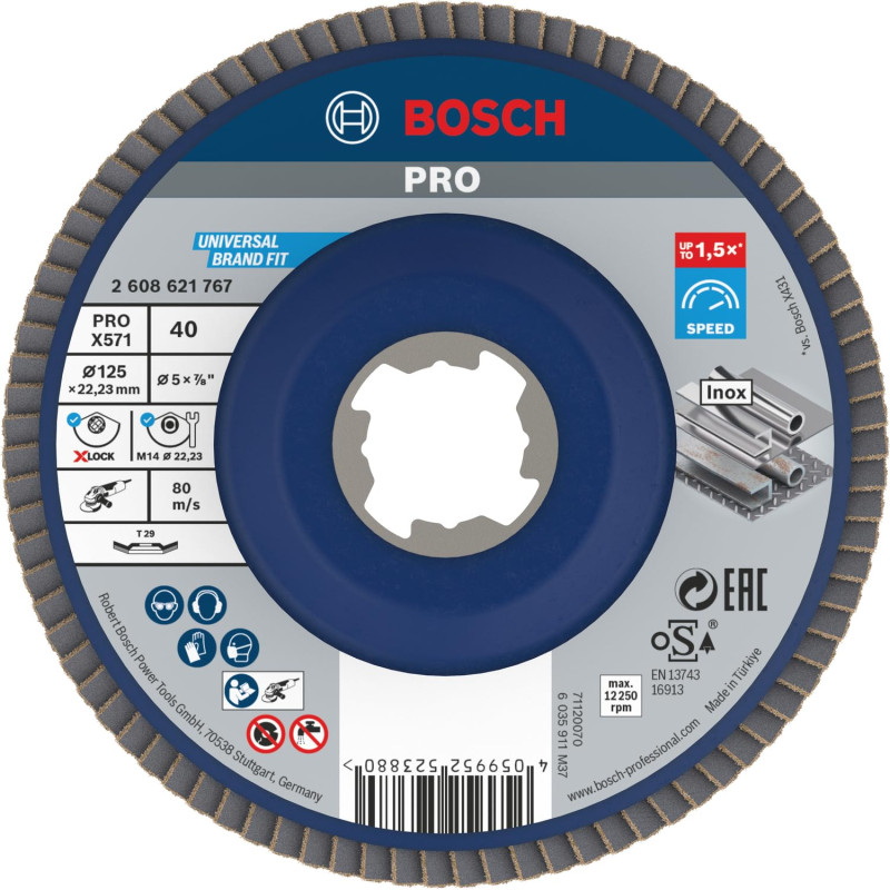 Bosch 1x Plateau à lamelles PRO Metal X571, version bombée pour X-Lock (pour Acier, Acier inoxydable, Ø 125 mm, Grain 40, Profes Bosch 1x Plateau à lamelles PRO Metal X571, version bombée pour X-Lock (pour Acier, Acier inoxydable, Ø 125 mm, Grain 40, Profes