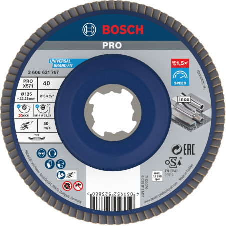 Bosch 1x Plateau à lamelles PRO Metal X571, version bombée pour X-Lock (pour Acier, Acier inoxydable, Ø 125 mm, Grain 40, Profes