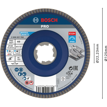 Bosch 1x Plateau à lamelles PRO Metal X571, version bombée pour X-Lock (pour Acier, Acier inoxydable, Ø 125 mm, Grain 60, Profes