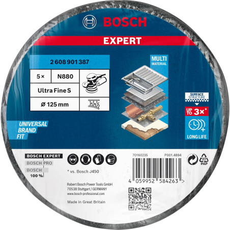 Bosch 5x Disques en non-tissé EXPERT N880 (pour Tôles en acier, Acier inoxydable, Ø 125 mm, Ultra fin S, Professional Accessoire