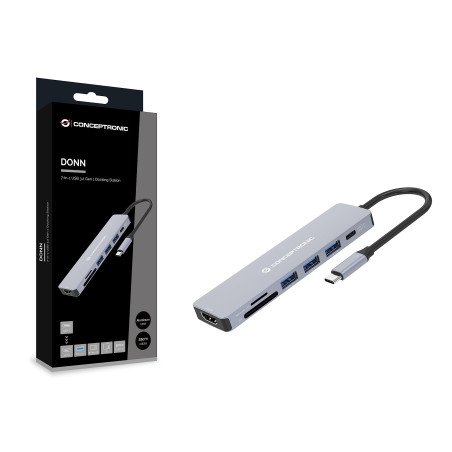 Conceptronic DONN19G Station d'accueil 7 en 1 USB 3.2 Gen 1, HDMI, USB-A 3.0 x 3, SD, TF/MicroSD, USB PD 100 W