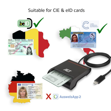 ACT Lecteur de Carte Eid Belgium, Lecteur de Carte USB C, ne Convient Pas pour l'application d'identité 2, Power LED AC6020