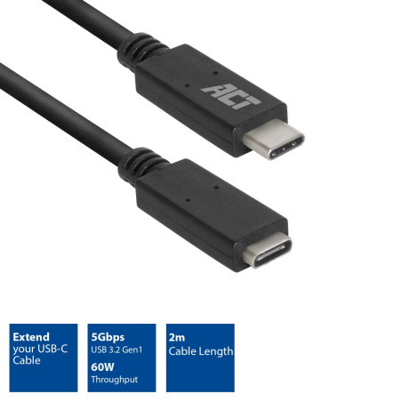 ACT Câble d'extension USB C 2 m, USB 3.0, PD 60 W Type C câble d'extension charge rapide, vitesse de données 5 Gbit/s - AC7412