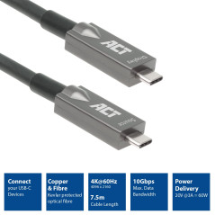 ACT Câble optique actif USB C 3.2 Gen2 10 Gbps haute vitesse pour vidéoconférence Smartboard AK4307 7,5 m