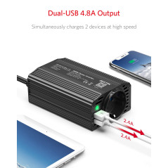 BESTEK Convertisseur 12V 220V 240V 300W Onduleur de Voiture Chargeur Allume-Cigare avec 1 AC Prise et 2 Ports USB 4,8A pour Pad