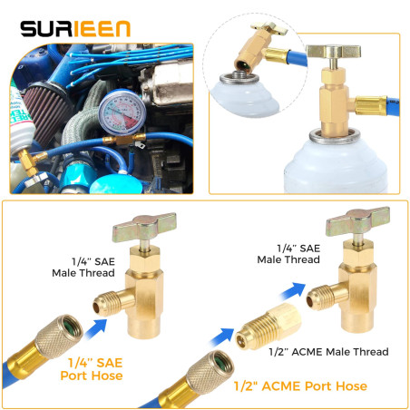 SURIEEN R1234yf - Décapsuleur de robinet auto-scellant - Outil de valve à filetage F-1/4 SAE 1/2 Acme LH - Avec adaptateur de co
