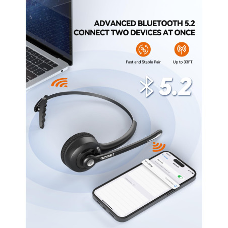 TECKNET Casque d'écoute Bluetooth, Casque d'écoute sans Fil avec Microphone antibruit pour Camionneur, Mains Libres avec Microph