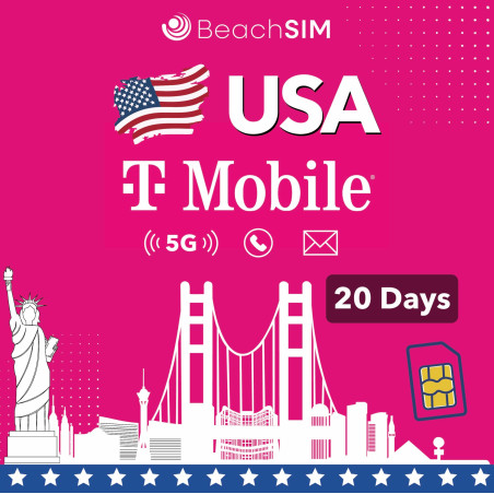 BeachSIM Carte SIM prépayée USA 20 Jours. Données 5G, appels et SMS illimités.Réseau T-Mobile. Compatible avec iOS et Android.