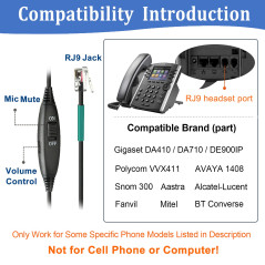 Casque Téléphone Fixe RJ9 avec Micro Anti-Bruit, Oreillette Filaire pour Aastra 6757i Fanvil X7C Polycom VVX411 Alcatel Temporis