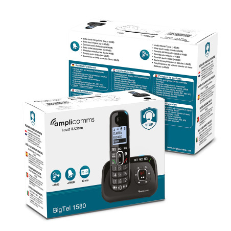 Amplicomms BigTel 1580, téléphone DECT sans Fil à Grosses Touches, répondeur, Audio-Boost, sonneries puissantes, Compatible avec