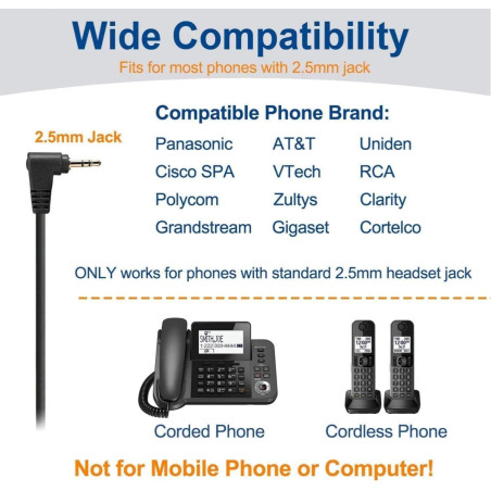 Wantek Casque téléphonique avec Prise Jack 2,5 mm avec Microphone antibruit et contrôle du Volume, Casque téléphonique Fixe sans